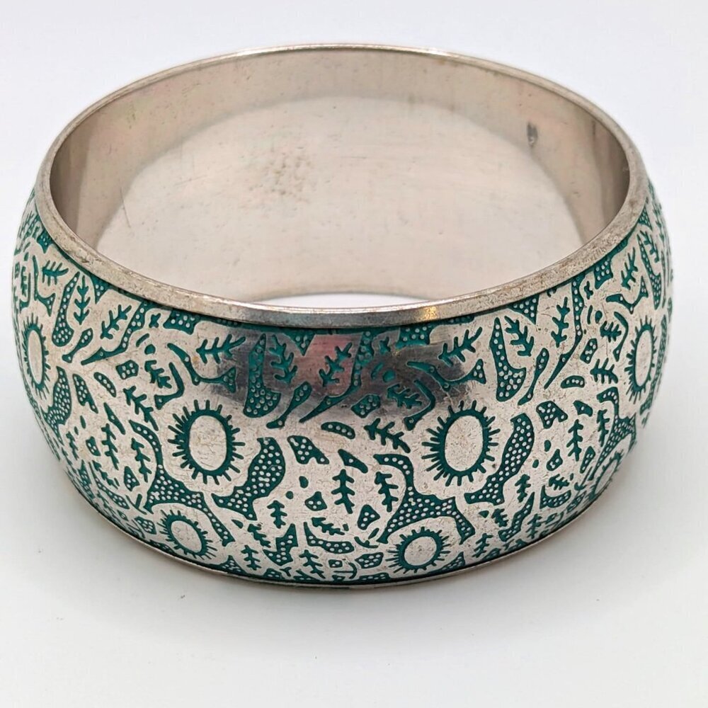 Silver Plated Engraved in Blue Design Bangle Bracelet Aqua Vintage 7.5"